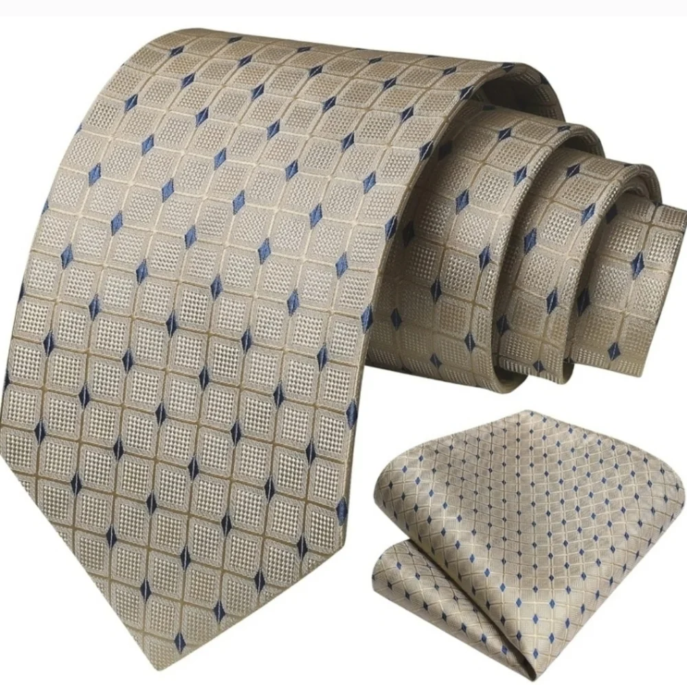Hisdern Beige & Blue Checkered Tie with Matching Pocket Square, Silk Blend, NIB